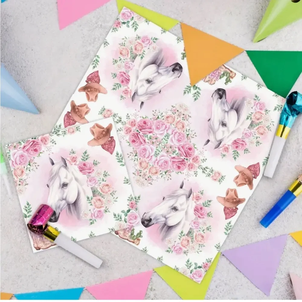 Two (2) INDIVIDUAL Pink Rose Cowgirl White Horse Luncheon Size Decoupage Napkins